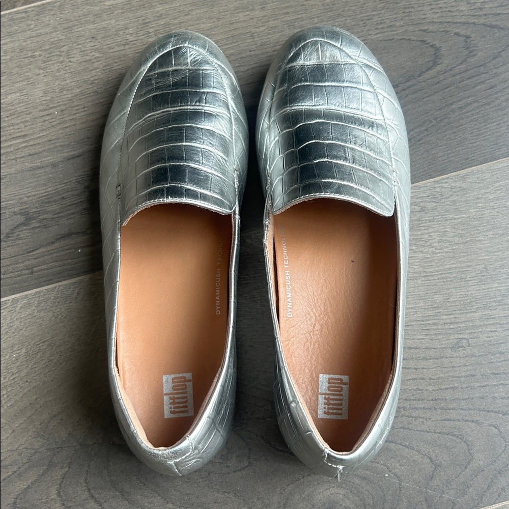 Fitflop Lena Croc-Embossed Silver Metallic Leather Loafer Flat Size 8 Comfort - Picture 7 of 16